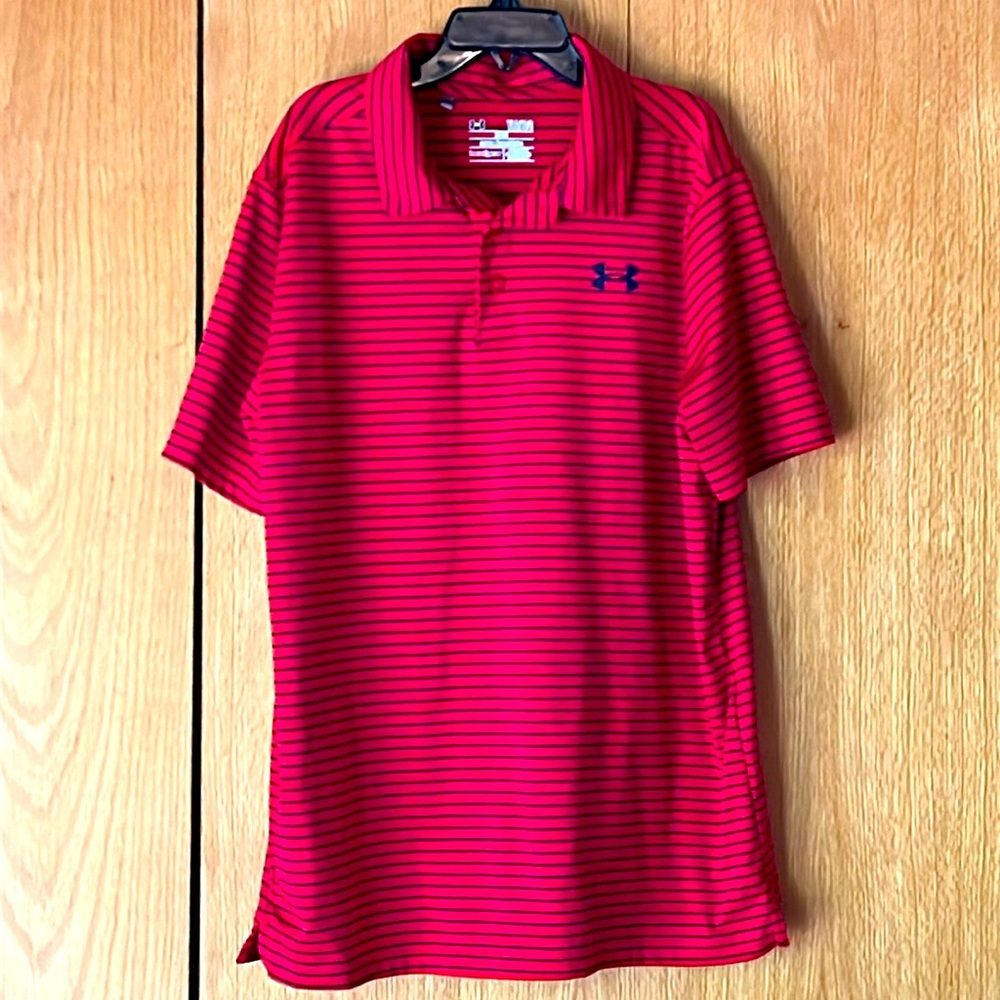 Under Armour L 12-14 boys Heat Gear red navy striped 2 button polo shirt EUC